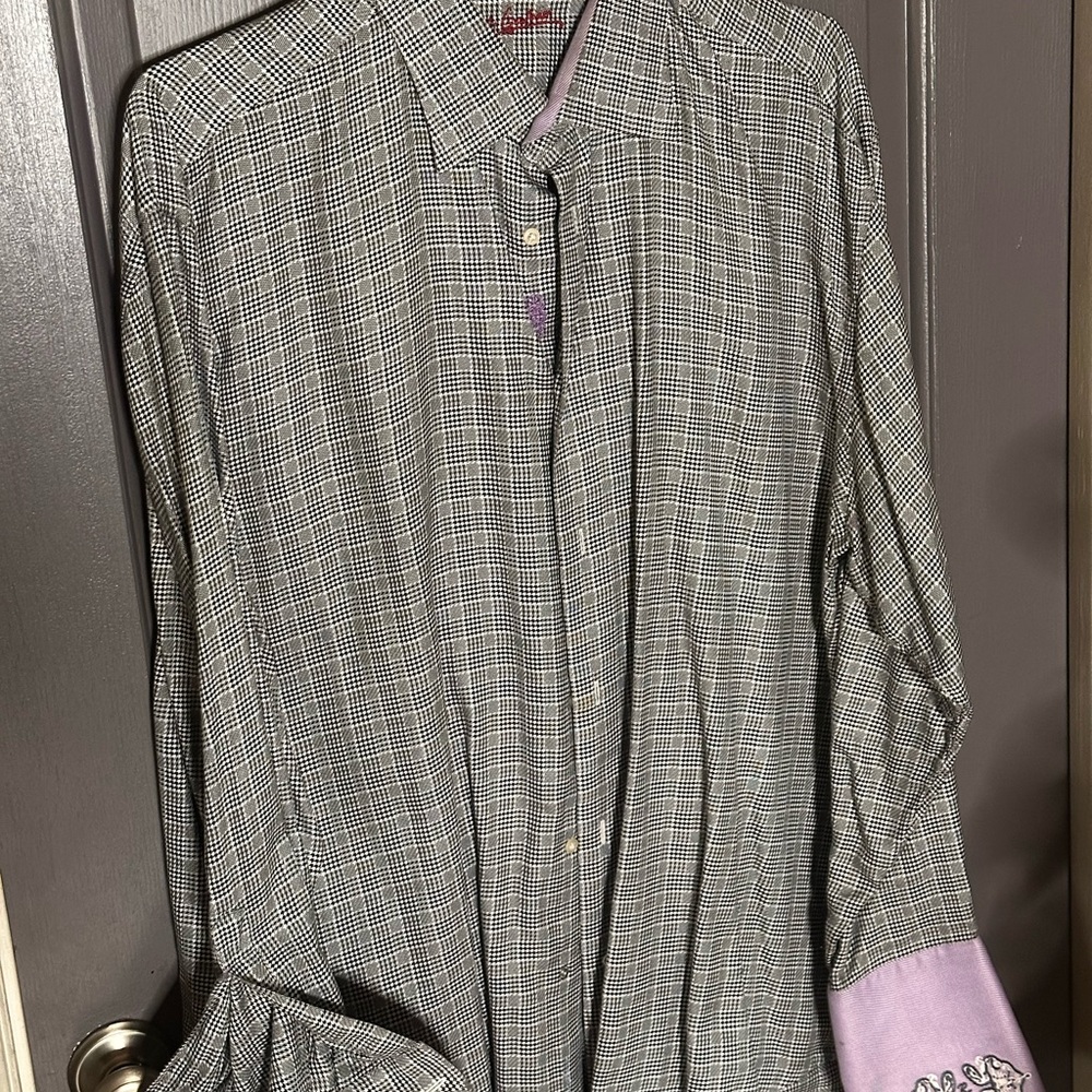 Robert Graham Black and White Checkered Shirt with Purple Cuffs